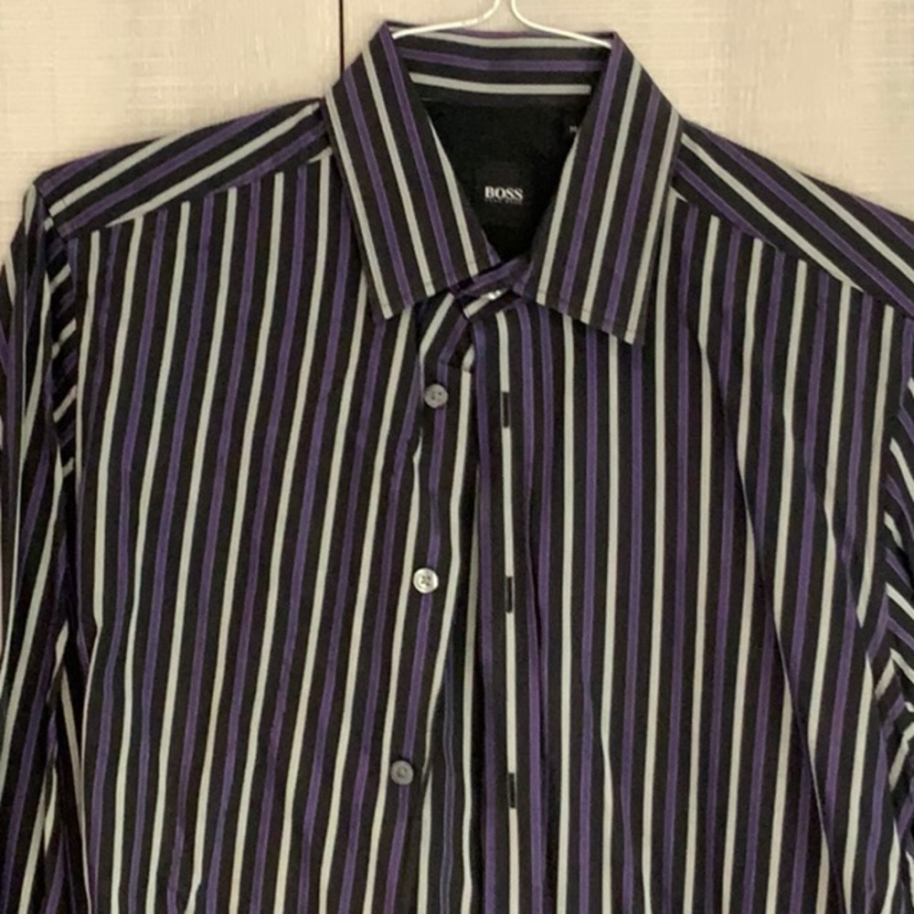 Boss. Purple, black, grey striped cotton dress shirt
